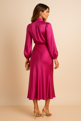 Women’s High Neck Satin Feel Midi Dress – Elegant Long Sleeve Fit
