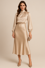 Women’s High Neck Satin Feel Midi Dress – Elegant Long Sleeve Fit