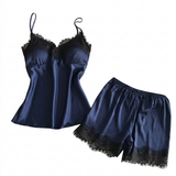 Satin Lace Cami Pajama Set - Black