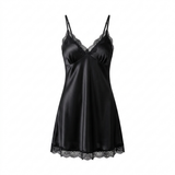 Spaghetti Strap Satin Lace Nightgown - Black