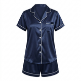 Short Sleeve Satin Pajama Set - Navy