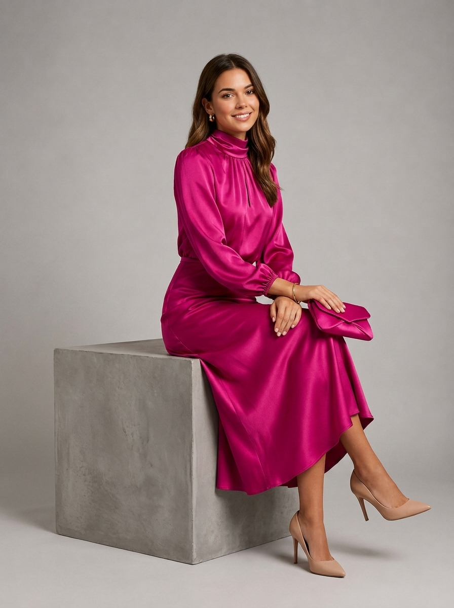 Robe midi à col montant effet satin pour invitée de mariage