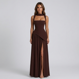 Women’s Draped Satin Feel Maxi Dress – Sculpted Elegant Silhouette