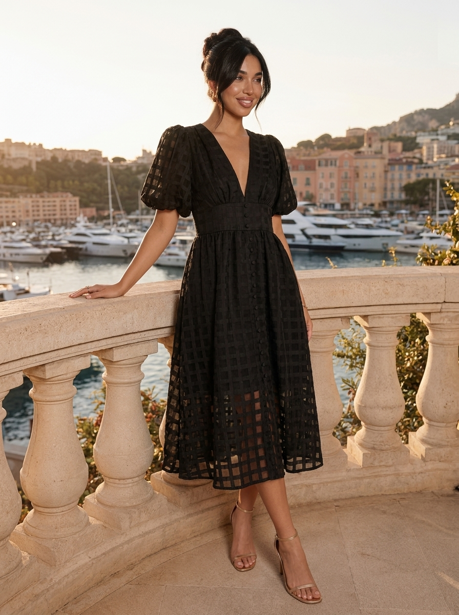 Vestido midi con mangas abullonadas para cóctel de mujer