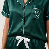 Short Sleeve Satin Pajama Set - Dark Green