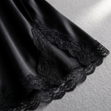 Spaghetti Strap Satin Lace Nightgown - Black