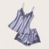 Spaghetti Strap Satin Lace Pajama Set - Pink