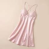 Spaghetti Strap Satin Lace Nightgown - Dark Blue