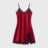 Spaghetti Strap Silk Lace Nightgown - Wine