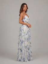 Robe longue effet chiffon à volants fleurie été femme