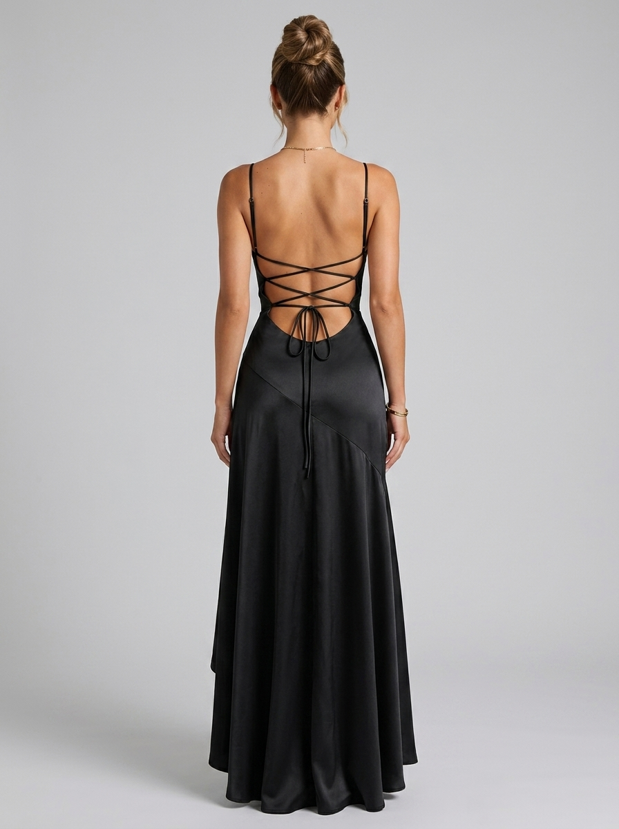 Vestido maxi asimétrico con tirantes y abertura en el muslo para mujer de noche