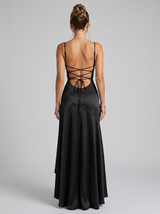 Robe longue asymétrique fendue cuisse à bretelles soirée femme