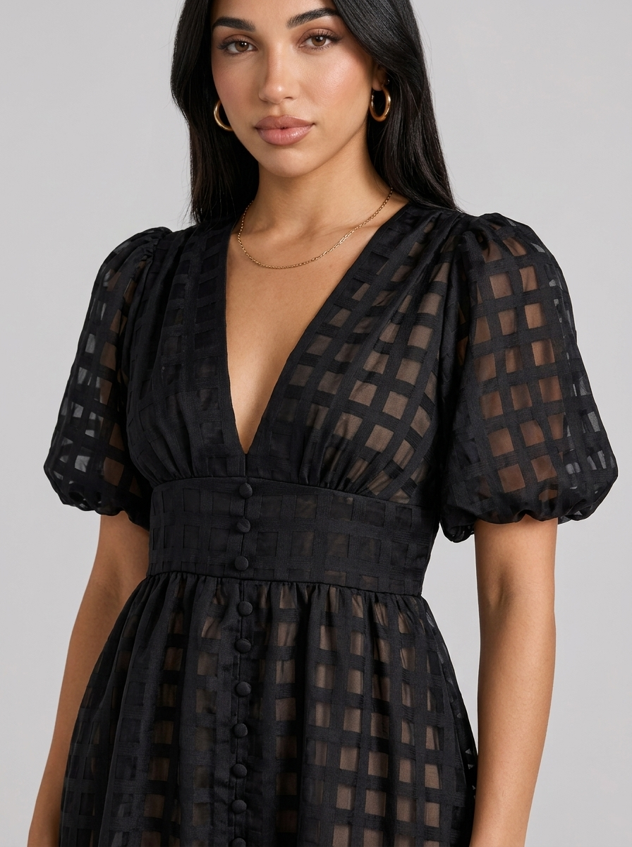 Vestido midi con mangas abullonadas para cóctel de mujer