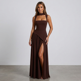 Women’s Draped Satin Feel Maxi Dress – Sculpted Elegant Silhouette