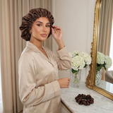 Ensemble bonnet en satin et chouchou - Gris argenté
