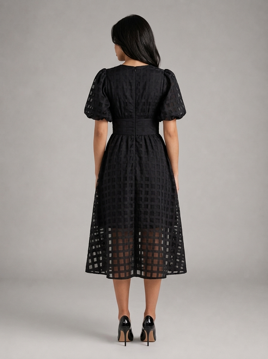 Vestido midi con mangas abullonadas para cóctel de mujer