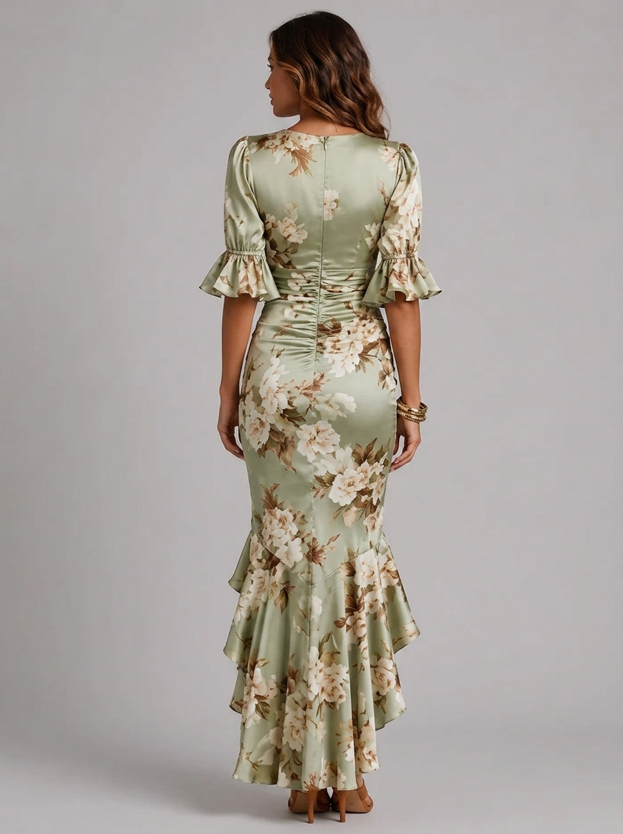 Robe longue effet satin froncée fleurie invitée mariage