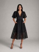 Vestido midi con mangas abullonadas para cóctel de mujer