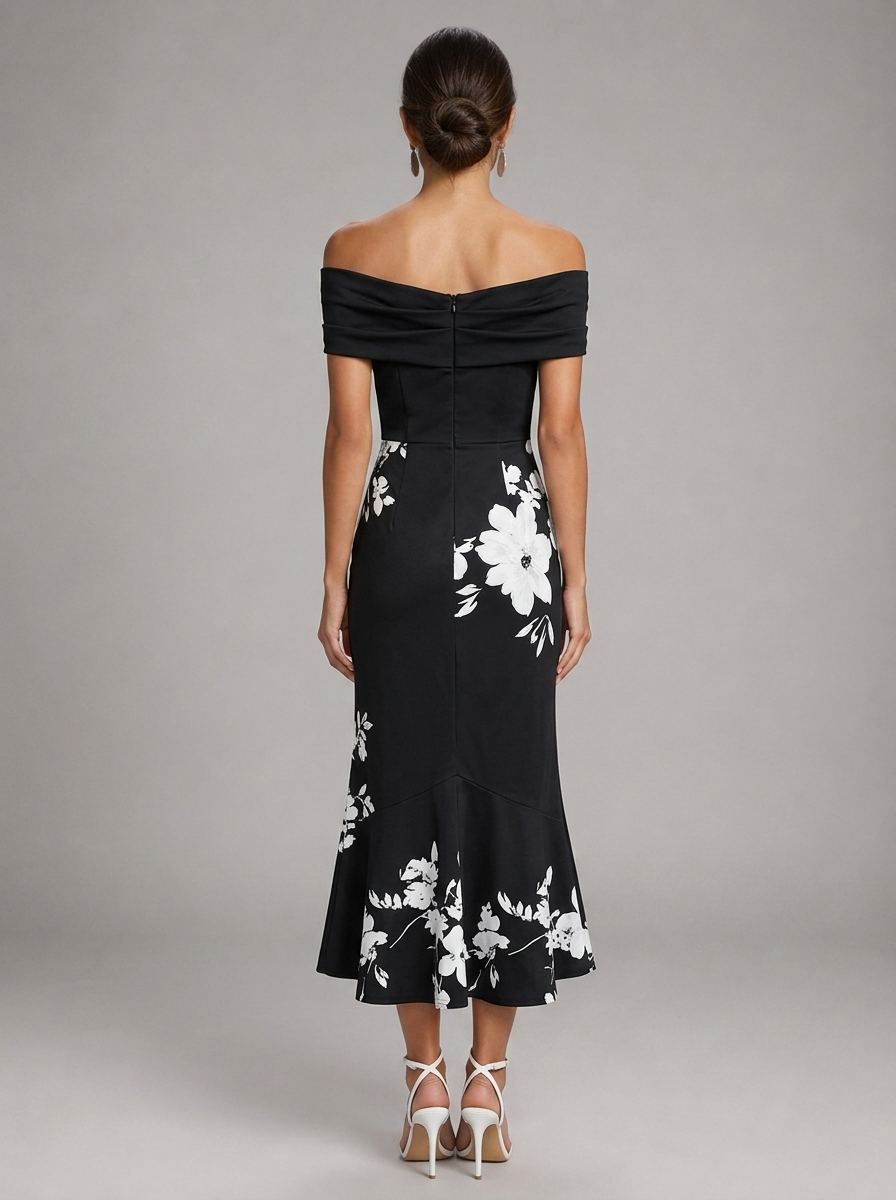 Vestido midi floral de hombros descubiertos para mujer de verano