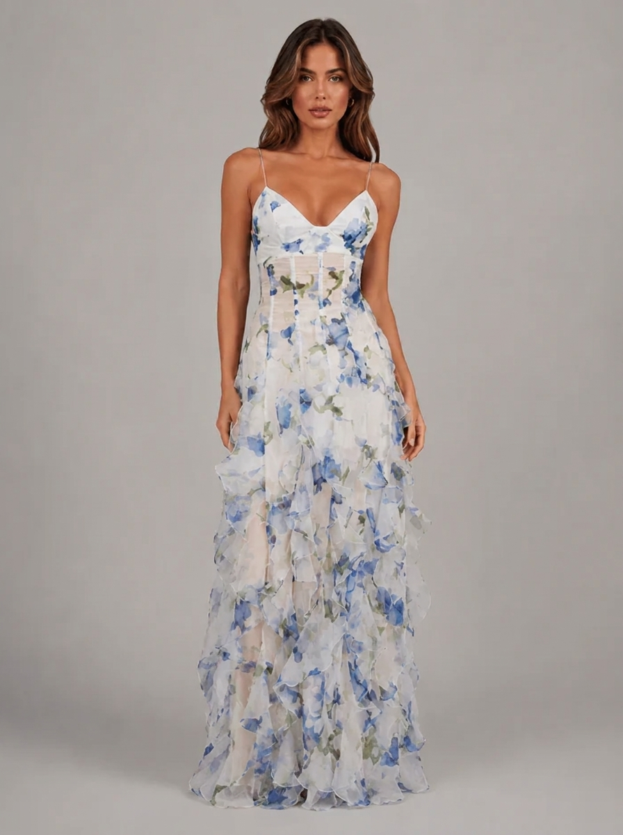 Vestido maxi con volantes y aspecto de gasa floral para mujer de verano