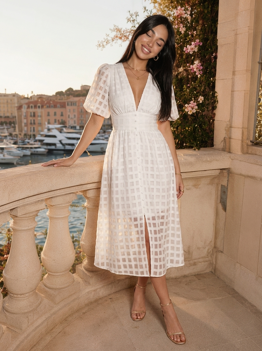 Vestido midi con mangas abullonadas para cóctel de mujer