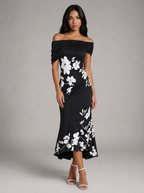 Vestido midi floral de hombros descubiertos para mujer de verano