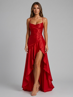 Vestido maxi asimétrico con tirantes y abertura en el muslo para mujer de noche