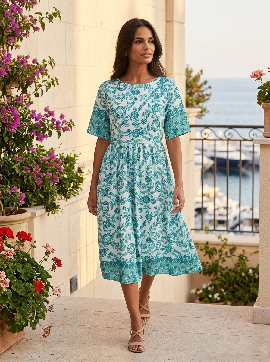 Floral V Neck Midi Dress Summer Women