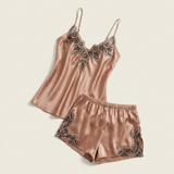 Spaghetti Strap Satin Lace Pajama Set - Pink