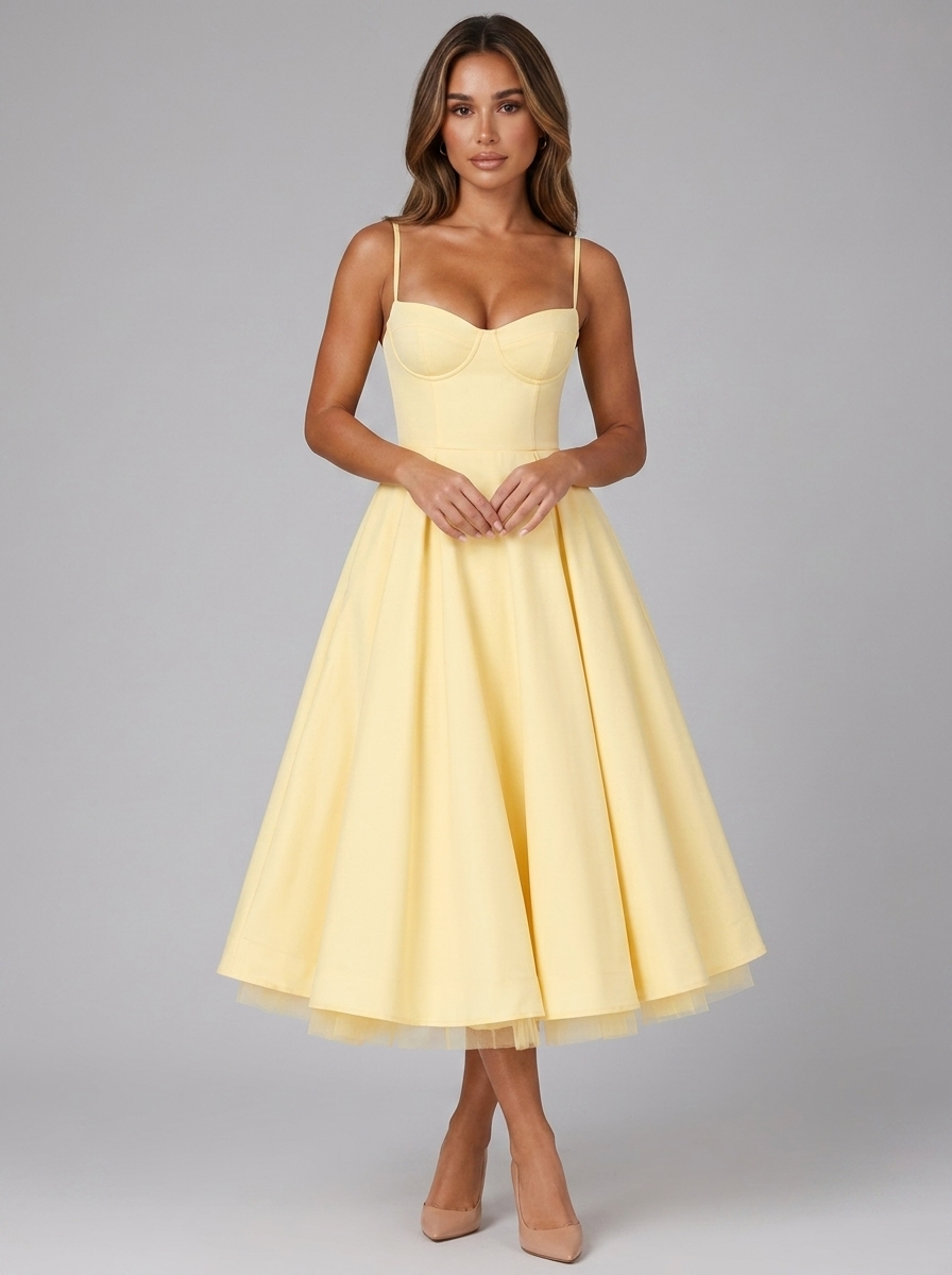 Vestido midi con corsé y falda completa para cóctel de mujer