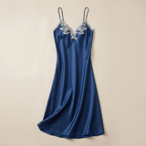 Spaghetti Strap Satin Lace Midi Nightgown - Blue