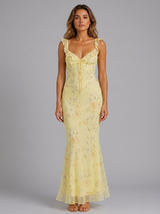 Vestido maxi con tirantes y volantes florales para mujer de verano