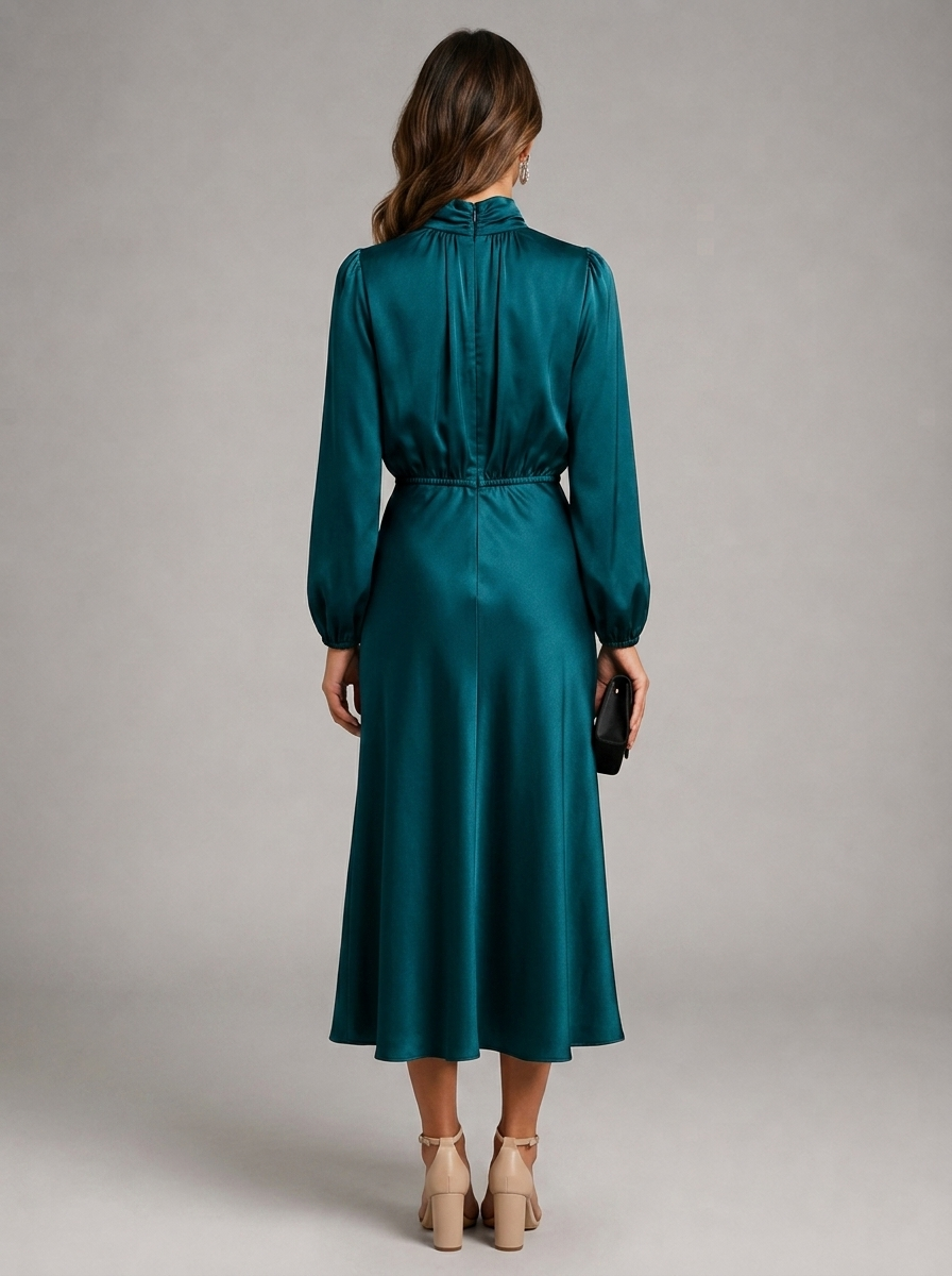 Robe midi à col montant effet satin pour invitée de mariage