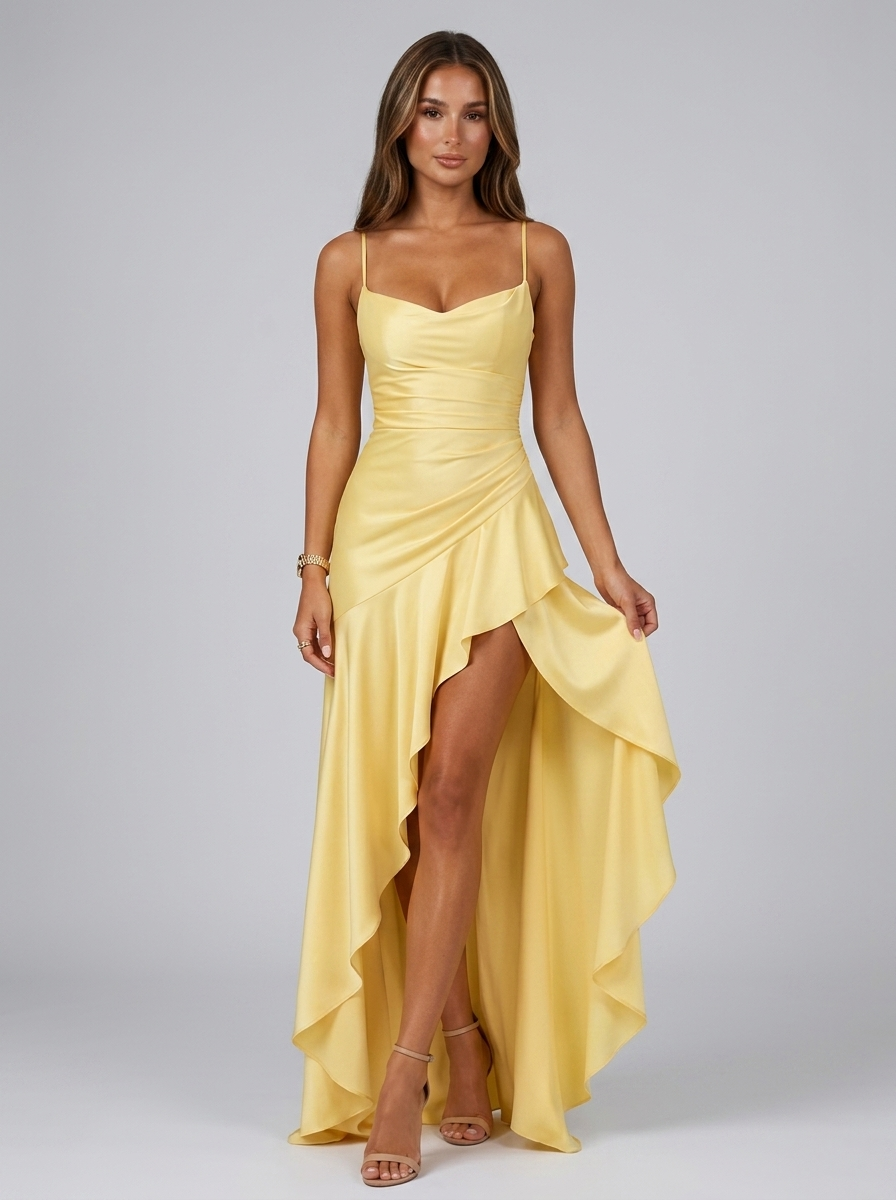 Vestido maxi asimétrico con tirantes y abertura en el muslo para mujer de noche