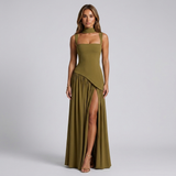 Women’s Draped Satin Feel Maxi Dress – Sculpted Elegant Silhouette
