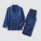 Conjunto de pijama de satén de seda para mujer manga larga con botones azul oscuro