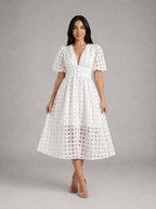 Vestido midi con mangas abullonadas para cóctel de mujer