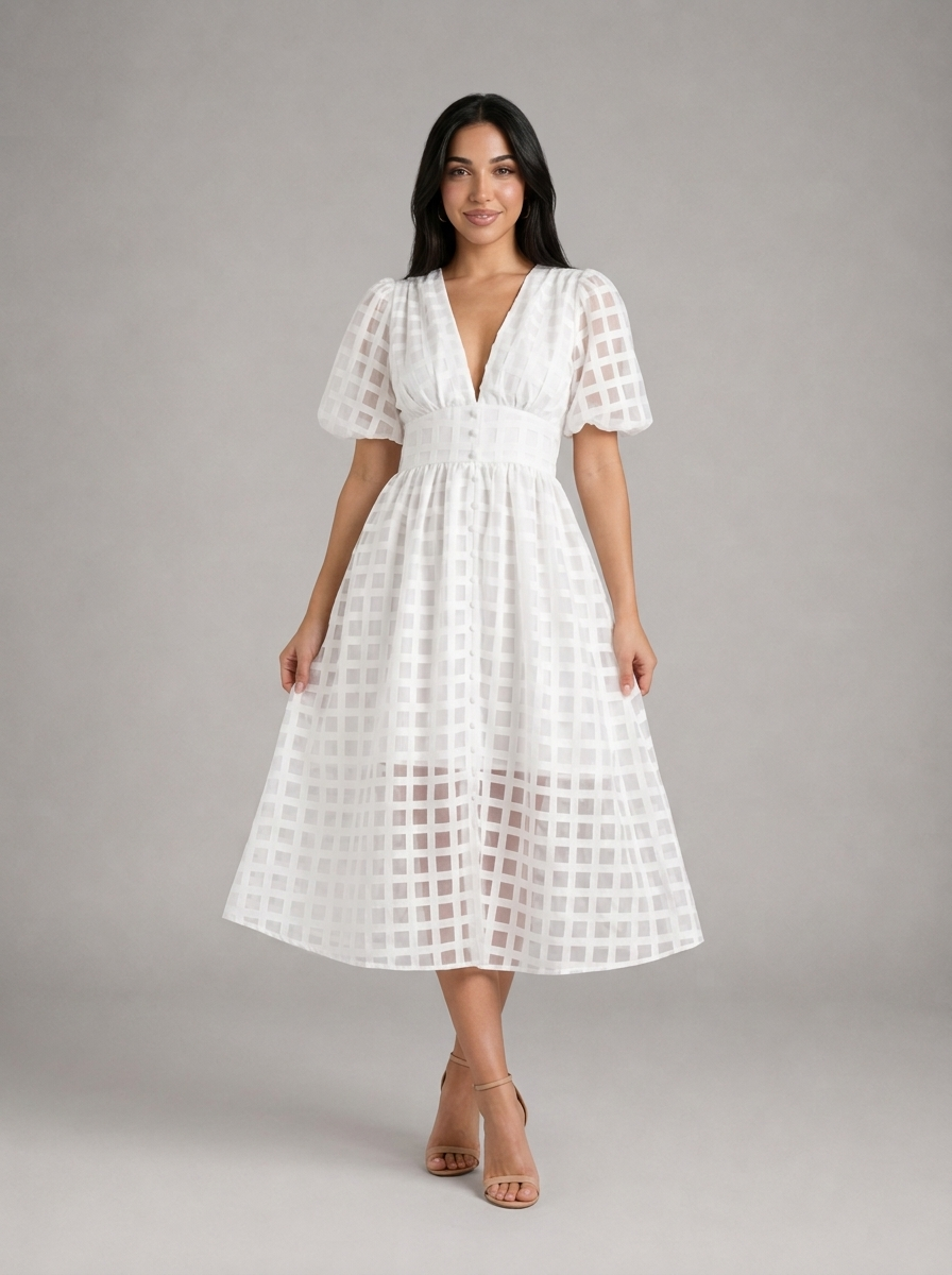Puff Sleeve Midi Dress Cocktail Women