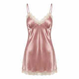 Spaghetti Strap Satin Lace Nightgown - Black