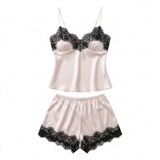 Satin Lace Cami Pajama Set - Black