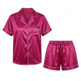 Short Sleeve Satin Pajama Set - Dark Green