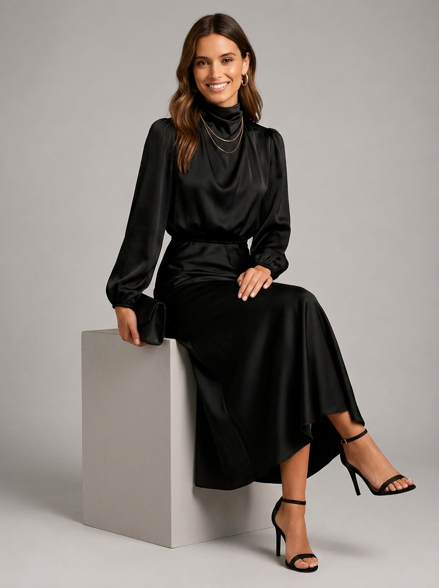 Robe midi à col montant effet satin pour invitée de mariage