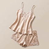 Spaghetti Strap Satin Lace Pajama Set - Pink