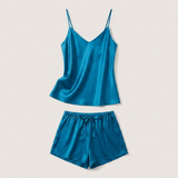 Ensemble pyjama caraco en soie col en V - Sarcelle