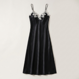 Spaghetti Strap Satin Lace Midi Nightgown - Blue