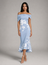 Vestido midi floral de hombros descubiertos para mujer de verano