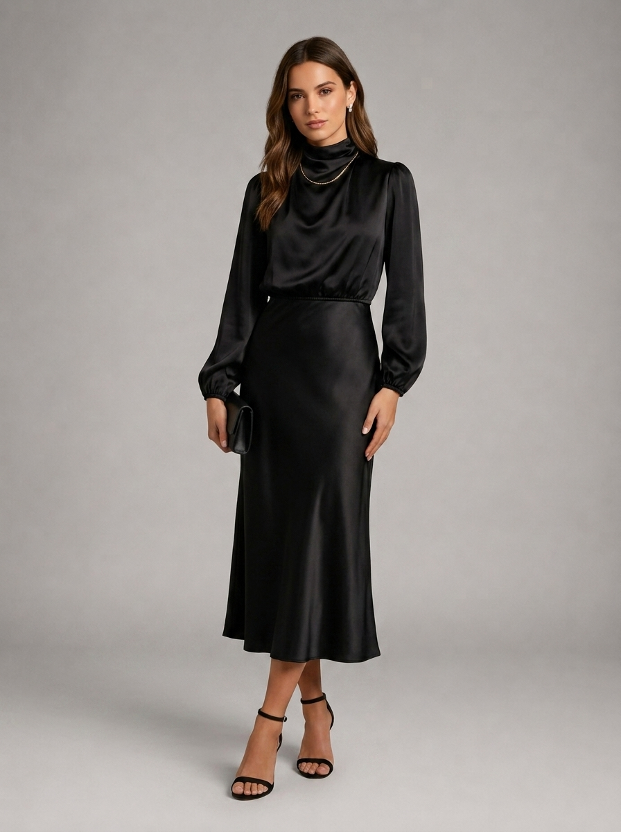 Robe midi à col montant effet satin pour invitée de mariage