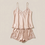 Spaghetti Strap Satin Lace Pajama Set - Pink