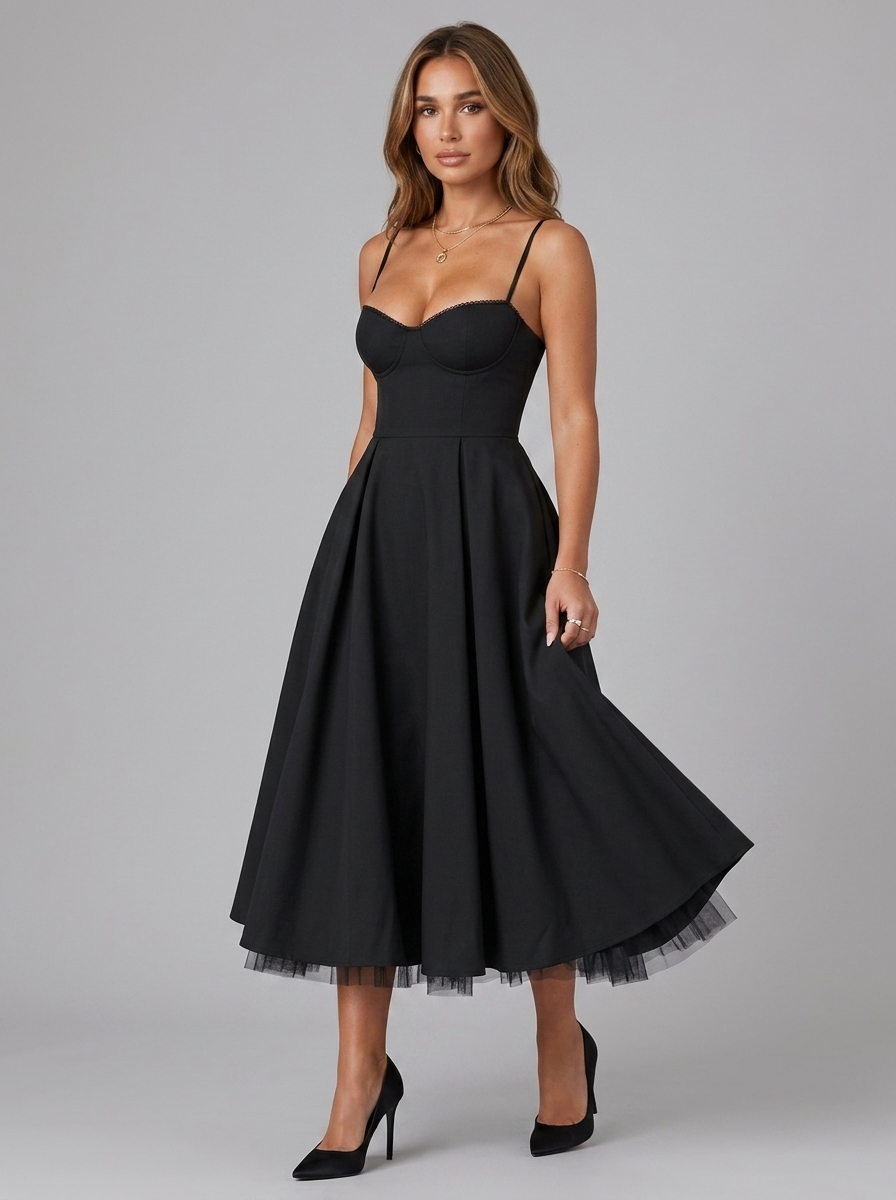 Vestido midi con corsé y falda completa para cóctel de mujer