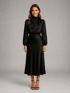 Robe midi à col montant effet satin pour invitée de mariage